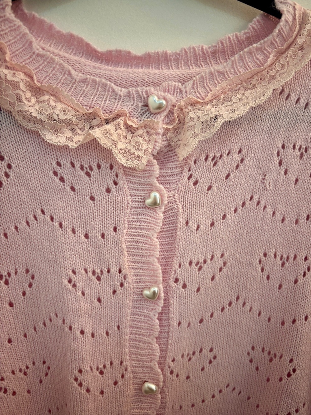 Pink Heart Pointelle Knit Cardigan w/ Lace Trim & Pearlescent Heart Buttons